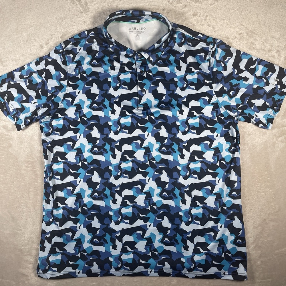 Maelreg Performance Polo Shirt Men's 2XL Blue Geometric Lightweight Golf UPF - Picture 2 of 8